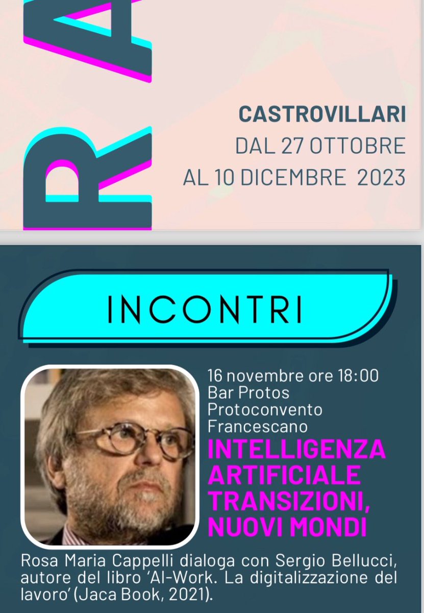 Giovedì 16 novembre alle ore 18.00 a Castrovillari parleremo di Intelligenza Artificiale e Lavoro a partire dal mio “AI-Work. La digitalizzazione del lavoro”.  Il dibattito continua ad infuriare… <a href="/repubblica/">Repubblica</a> <a href="/Agenzia_Ansa/">Agenzia ANSA</a> <a href="/AnsaScienza/">ANSA Scienza&Tecnica</a> <a href="/ilmanifesto/">il manifesto</a> <a href="/ilpost/">Il Post</a> <a href="/ilriformista/">Il Riformista</a>