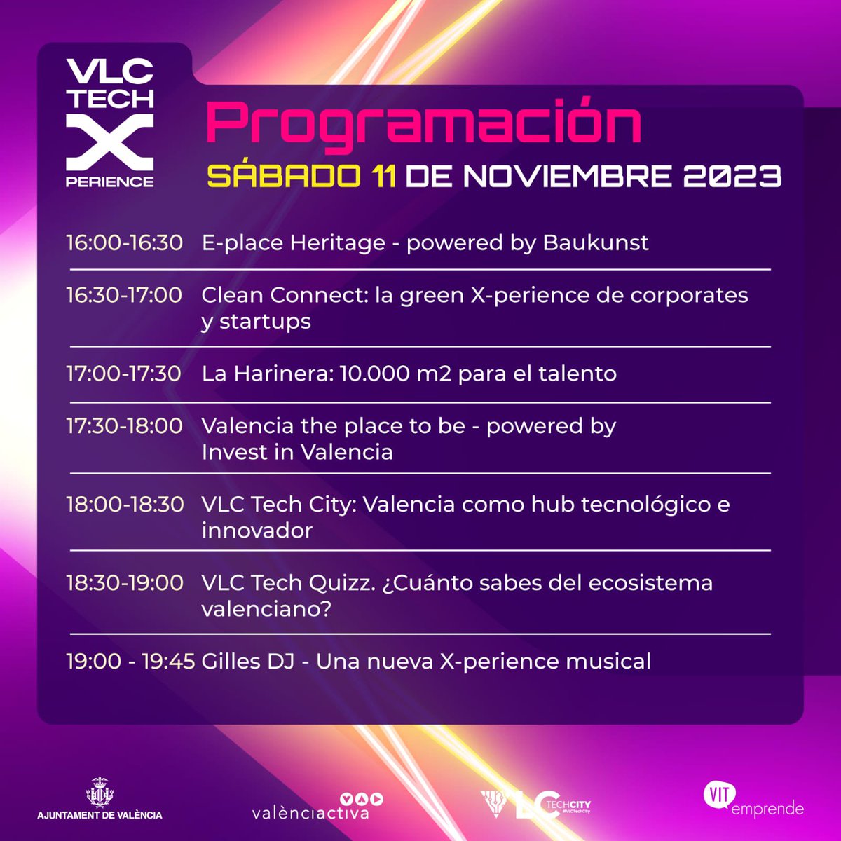 🔛 En #VLCTechXperience hay espacio para aprender y debatir.

🟪 En el escenario principal disfrutaremos de más de 40 ponencias para profundizar en lo último en #tecnología, conocer el uso de herramientas como la IA o debatir sobre el futuro de la ciudad como #VLCTechCity.