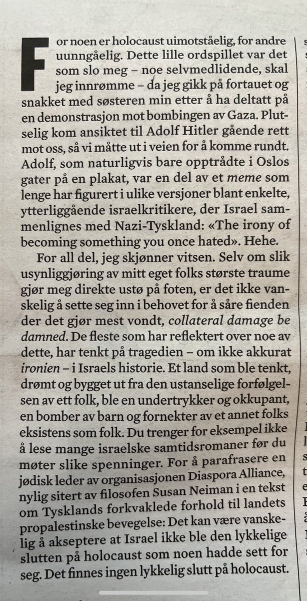 Martin Gedde-Dahl (@martingeddedahl) on Twitter photo Nydelig tekst av <a href="/1999kolai/">Nikolai M. K.</a> om hvordan både israelske politikere og israelkritikere reduserer holocaust til en del av kulturkrigens meme-arsenal morgenbladet.no/aktuelt/kommen… Nydelig tekst av <a href="/1999kolai/">Nikolai M. K.</a> om hvordan både israelske politikere og israelkritikere reduserer holocaust til en del av kulturkrigens meme-arsenal morgenbladet.no/aktuelt/kommen…