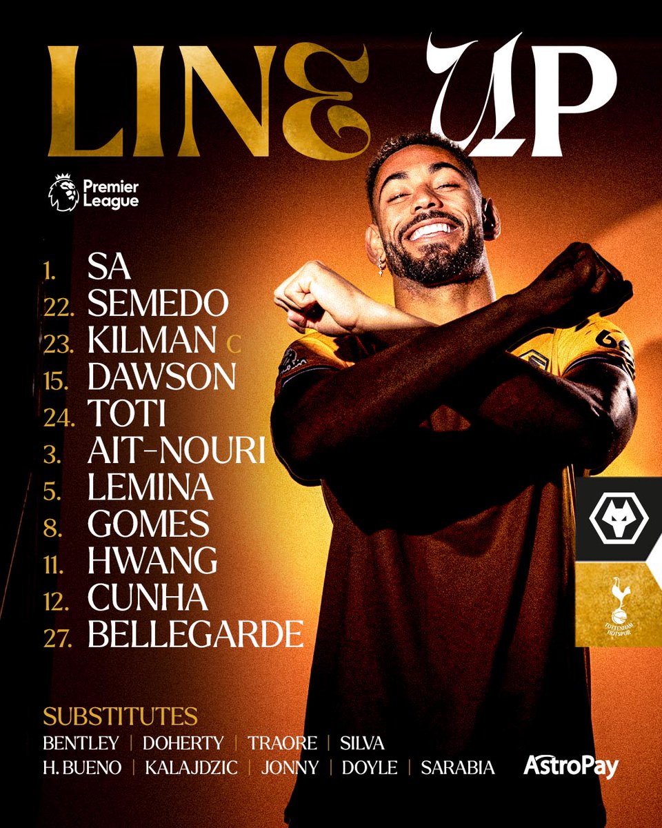 Wolves's tweet image. ✌️ Two changes from #SHUWOL 
➡️ Gomes & Bellegarde into the XI
How we line-up to take on @SpursOfficial. 
🐺📋 @AstroPay_OK
