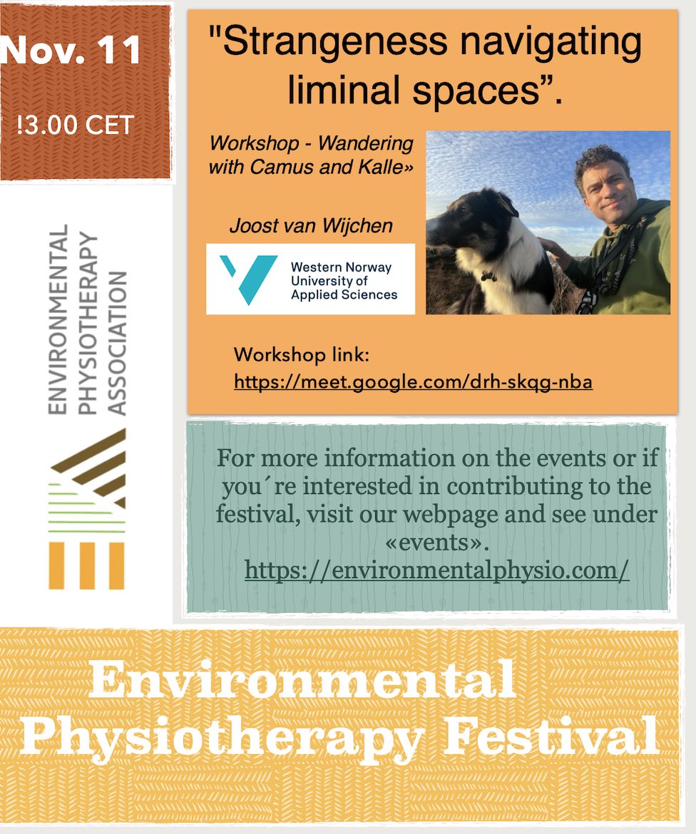 “strangeness navigation liminal spaces”  
A workshop wandering with camus and kalle 

Saturday 11 November 13.00

meet.google.com/drh-skqg-nba

#enviropt #strangeness #liminality #resonance #fluidity #transformation #ambiguity #camus #physiotherapy

@EnviroPhysio @hvl_no