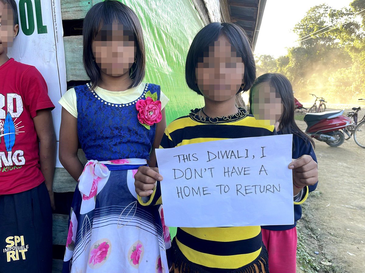 Who knows litting up a candle at one’s own home on #Diwali can bring a hope &amp; smile to #Meiteis. But there is NO HOME to return, NO proper clothes to wear on this #Diwali2023 except to RUN for lives from #KukiAtrocities &amp;  #KukiChinZoNarcoTerrorists
#NoHomeNoDiwali
#ThisIsManipur