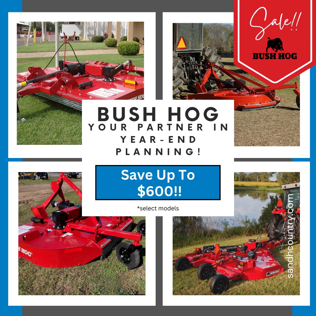 SandHFarmSupply's tweet image. Make Bush Hog your partner in year end planning! With savings of up to $600 off on select single spindle, multi-spindle, and flex wings from now until Dec. 31st this is a sale you won't want to pass up. 

#SandHCountry #BushHog #yearendsale #savings #sale