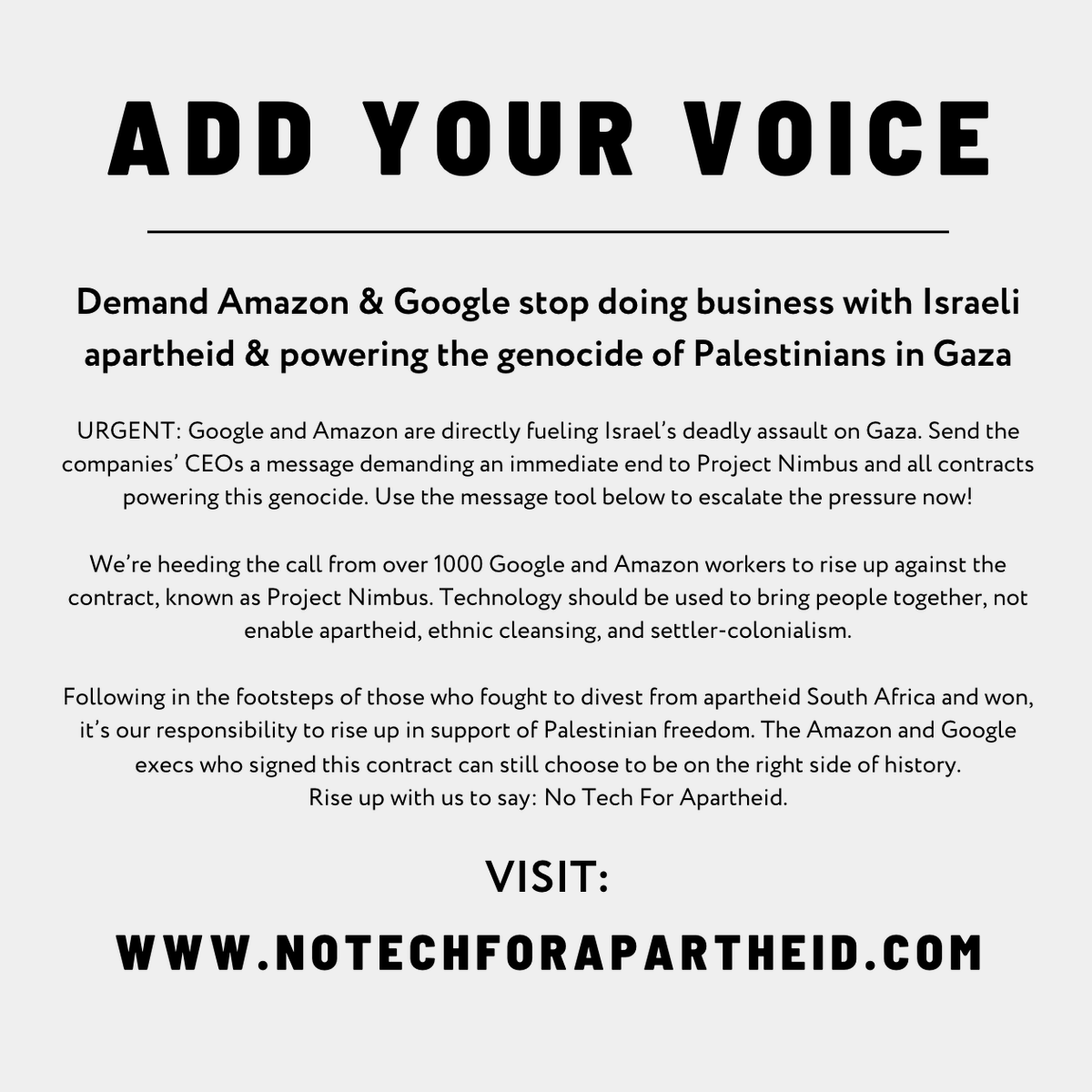 ADD YOUR VOICE:
Demand Amazon &amp; Google stop doing business with Israeli apartheid &amp; powering the genocide of Palestinians in Gaza!

notechforapartheid.com

#FreePalestine #Gaza #disgraceful <a href="/ndifunaukwazi/">Ndifuna Ukwazi</a> <a href="/groundup_news/">GroundUp</a> <a href="/dailymaverick/">Daily Maverick</a> <a href="/encanews/">eNCAnewsReporter</a> @newz405 <a href="/thecapeargus/">Cape Argus</a> @capetalkza