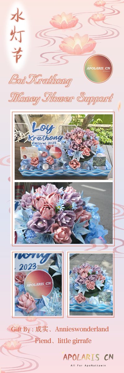Apolaris_CN's tweet photo. 🌟 Loi Krathong Festival · Smooth Sailing, Wishes Fulfilled 🌟

💐Part 4: Money Flower💰💐

✨Flowers beside rippling waters, a poetic sight,
✨Moon and clouds waltz, bathed in soft moonlight.
✨From afar, the starry sky gazes at you, shimmering with heartfelt praying💛✨

@Nnattawin1💕💕 
#Nnattawin #apocolleagues