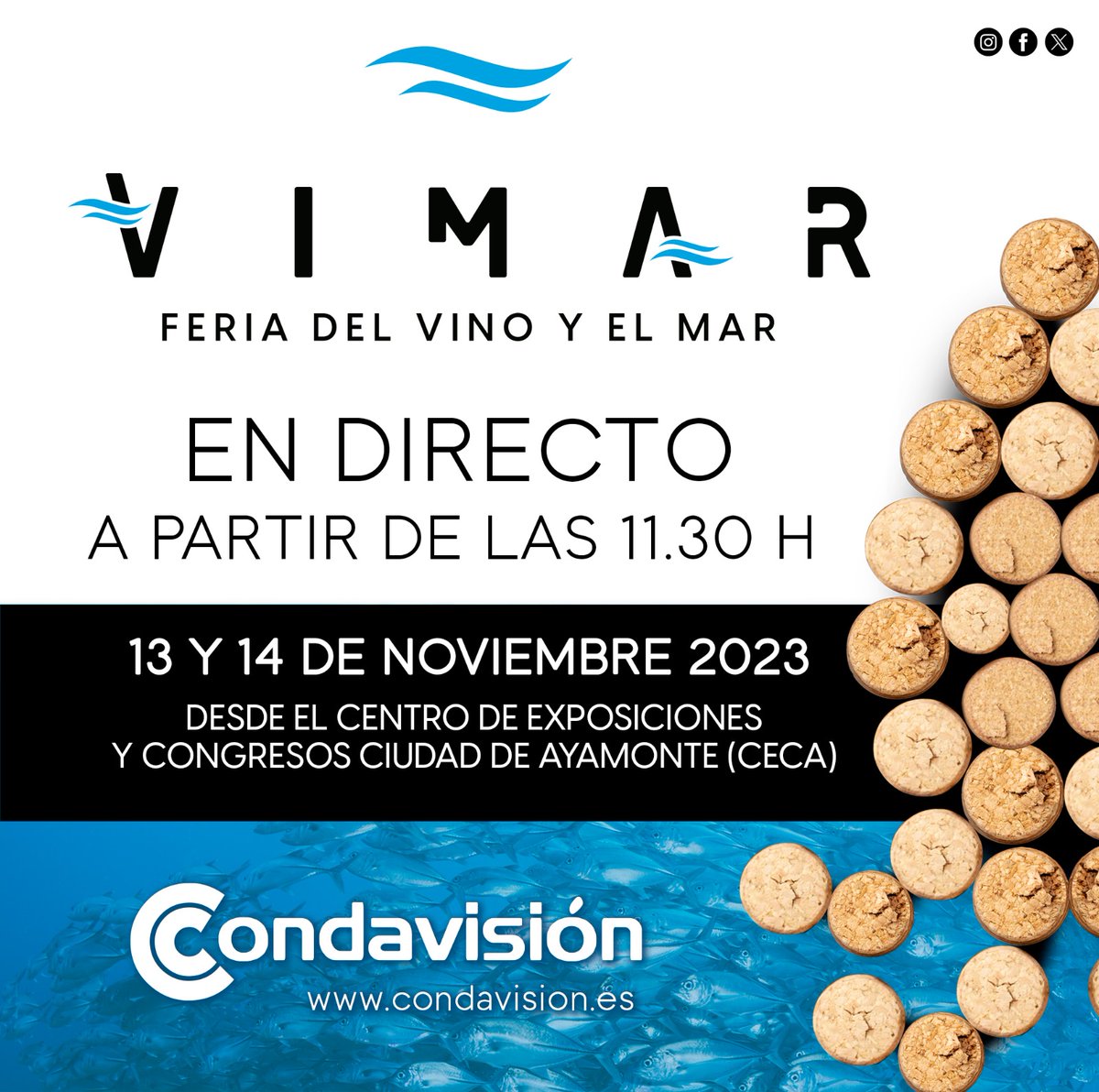 🌊🍷Condavisión te lleva a la II Edición de la Feria del Vino y el Mar, VIMAR.  A las 11:30, conectaremos desde el CECA 📺. 𝑬𝒏𝒕𝒓𝒆𝒗𝒊𝒔𝒕𝒂𝒔, 𝒆𝒏𝒄𝒖𝒆𝒏𝒕𝒓𝒐𝒔, 𝒔𝒉𝒐𝒘𝒄𝒐𝒐𝒌𝒊𝒏𝒈𝒔... y mucho más.

#GustodelSur #FEDER #AndalucíaSeMueveConEuropa #Vimar2023