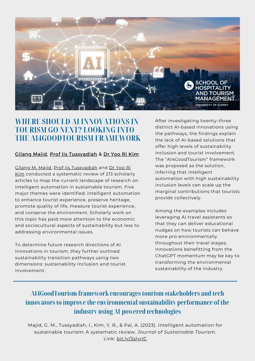 AI4GoodTourism framework encourages tourism stakeholders and tech innovators to improve the environmental sustainability performance of the industry using AI-powered technologies. Read more: bit.ly/3slyrIC @SHTMatSurrey