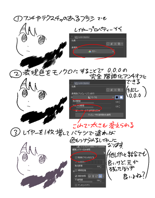 実線をアンチオフにする方法。モノクロ化されちゃうので、色トレスはレイヤーカラーで色付ける必要があります。こういうのも触れられるかな?

自主制作アニメを作る配信は14日、火曜日の20:00からの予定です。 