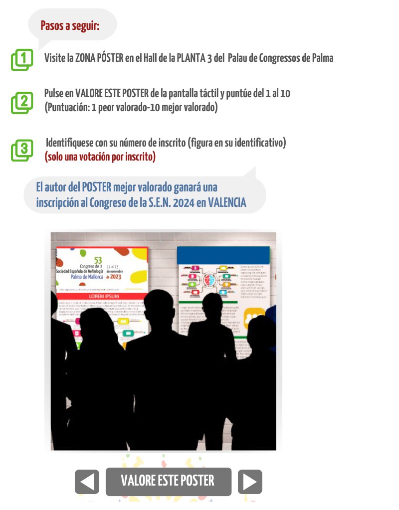 ¿Has visto las comunicaciones póster en las pantallas interactivas de #Senefro23 (Planta 3)? Selecciona el botón de VALORE ESTE PÓSTER y el autor podrá ganar una inscripción a #Senefro24 en Valencia 
👇👇Sigue estos pasos: