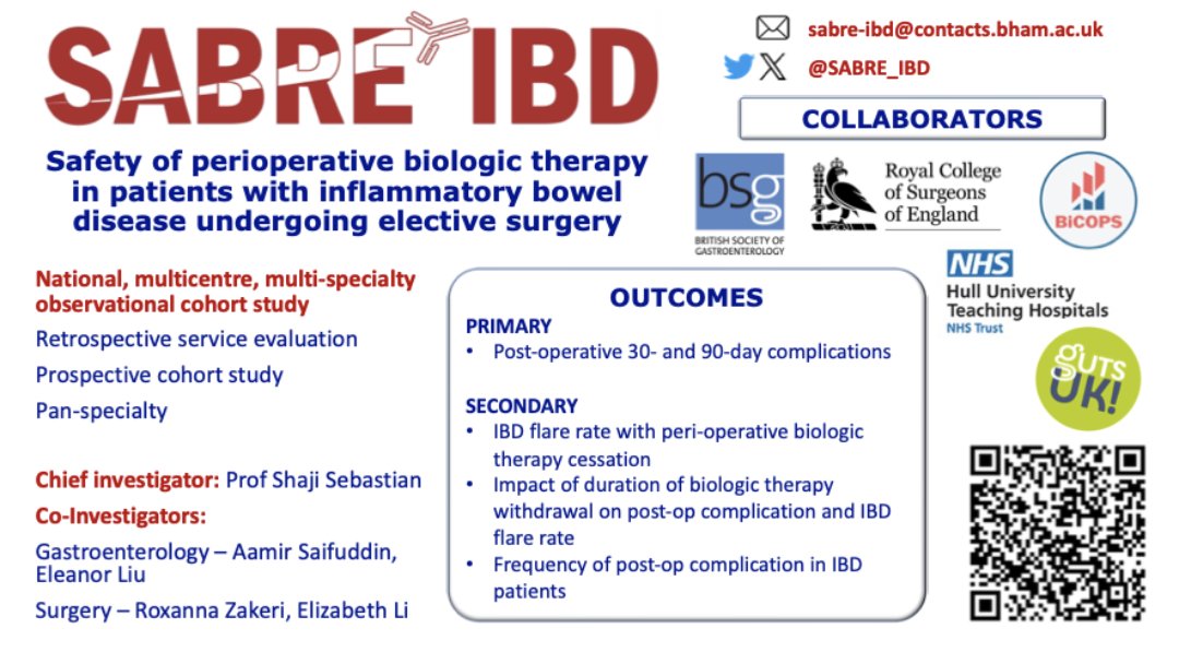 Excited &amp; proud to launch   <a href="/SABRE_IBD/">SABRE-IBD</a> study - safety of #ibd 💉💊 in pts having ALL elective surgery!

⬆️ Pts on biologics - ? ⏸️ or ➡️ before op - no prev large studies or consensus

Trainee-led! Sign up via local Audit Dept to contribute! <a href="/BritSocGastro/">BSG</a> bistc.redcap.bham.ac.uk/surveys/?s=LTL…