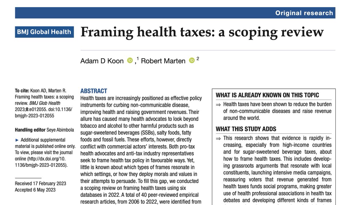 Adam Koon (@adamkoon) on Twitter photo Our paper anchored discussions in Marrakech last month on #healthtaxes. In it, we propose a way to link frames to deeper moral foundations. So thankful to the <a href="/AllianceHPSR/">Alliance for HPSR</a> for leading in this space! <a href="/MartenRobert/">Robert Marten</a> <a href="/HopkinsIHHS/">HopkinsIHHS</a> <a href="/GlobalHealthBMJ/">BMJ Global Health</a> gh.bmj.com/content/8/Supp⦠Our paper anchored discussions in Marrakech last month on #healthtaxes. In it, we propose a way to link frames to deeper moral foundations. So thankful to the <a href="/AllianceHPSR/">Alliance for HPSR</a> for leading in this space! <a href="/MartenRobert/">Robert Marten</a> <a href="/HopkinsIHHS/">HopkinsIHHS</a> <a href="/GlobalHealthBMJ/">BMJ Global Health</a> gh.bmj.com/content/8/Suppā¦