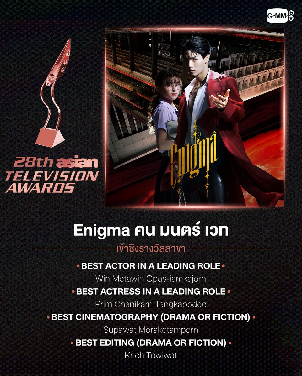 Congratulations #EnigmaSeries for garnering 4 nominations in 28th Asian Television Awards 👏🏻🎉

🏆 Best Actor in a Leading Role for #winmetawin 
🏆 Best Actress in a Leading Role for #primiily
🏆 Best Cinematography
🏆 Best Editing

#GMMTV
#winmetawin #primiily
