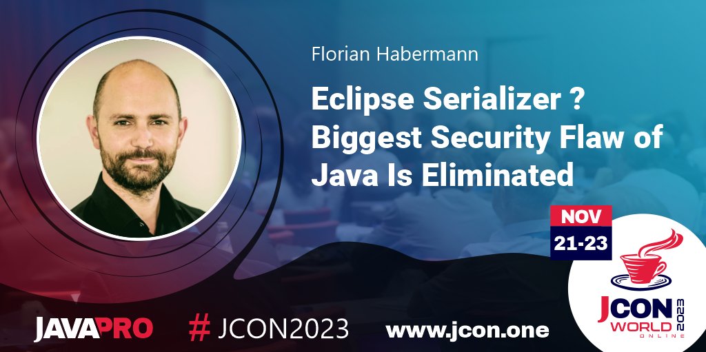 See <a href="/FHHabermann/">Florian Habermann</a> at #JCON2023 WORLD ONLINE  talking about '#Eclipse Serializer – Biggest Security Flaw of #Java Is Eliminated'

The world is increasingly threatened by #cybercrime, regardless of whether it affects …

Get your free #JUG Ticket: jcon.one