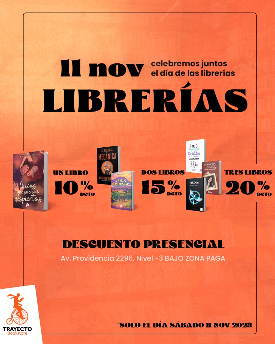 trayectobooks's tweet photo. Ven y celebra junto a nosotros en @trayectobookstore el día de las librerías🎉🙌🏻📚 ¡Además tendremos grandes descuentos!
#Trayectobookstore #Libros #Chile #Librerías https://t.co/6iJzZiim0f