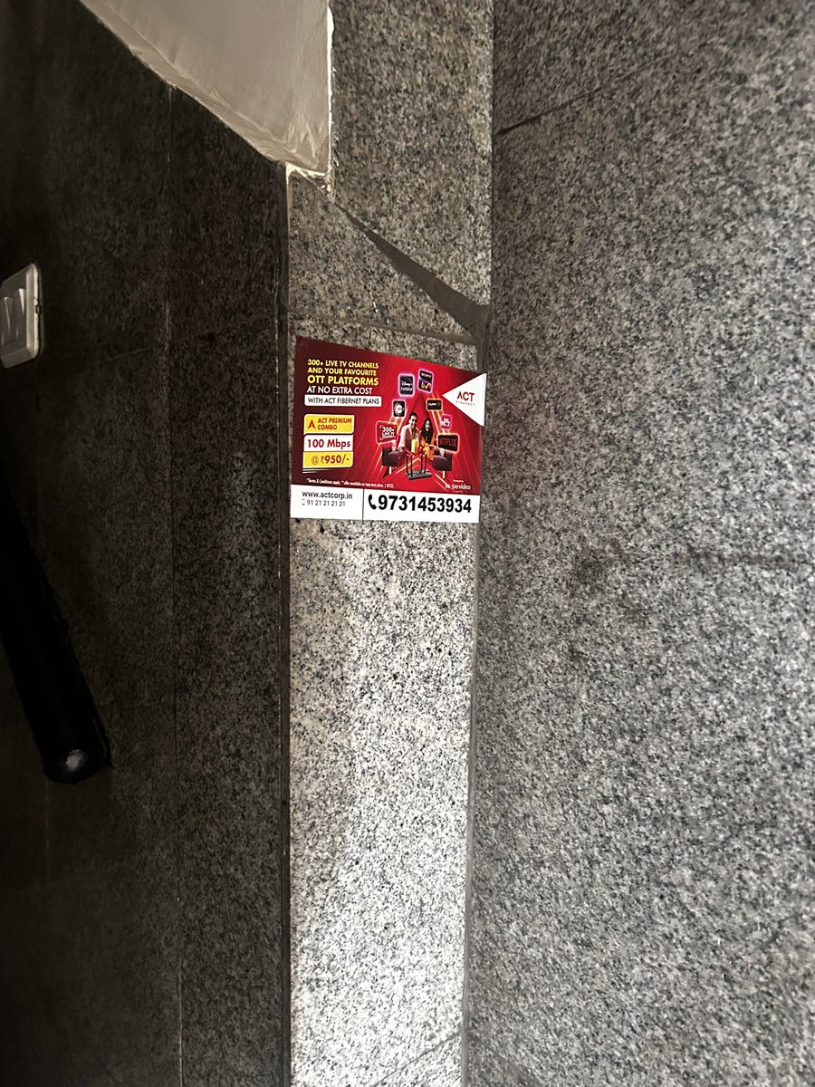 swarupsridhar's tweet photo. @ACTFibernet who gives you permission to put these stickers inside private properties??? Absolutely ridiculous. https://t.co/bJcOg2vYq5