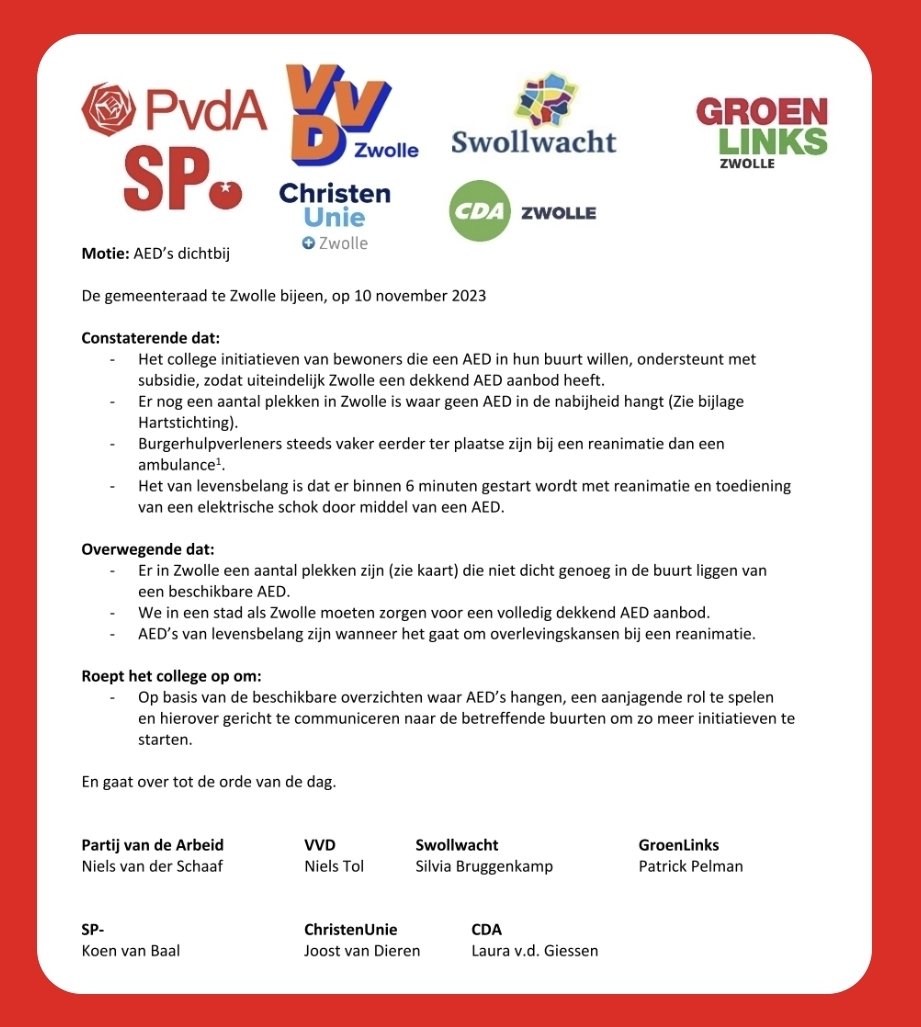 De AED, daar red je levens mee.

<a href="/NielsvdSchaaf/">Niels van der Schaaf</a>: "We zijn blij met de unanieme steun voor onze motie om als gemeente actief in te zetten op plekken waar nu nog geen AED in de buurt is."