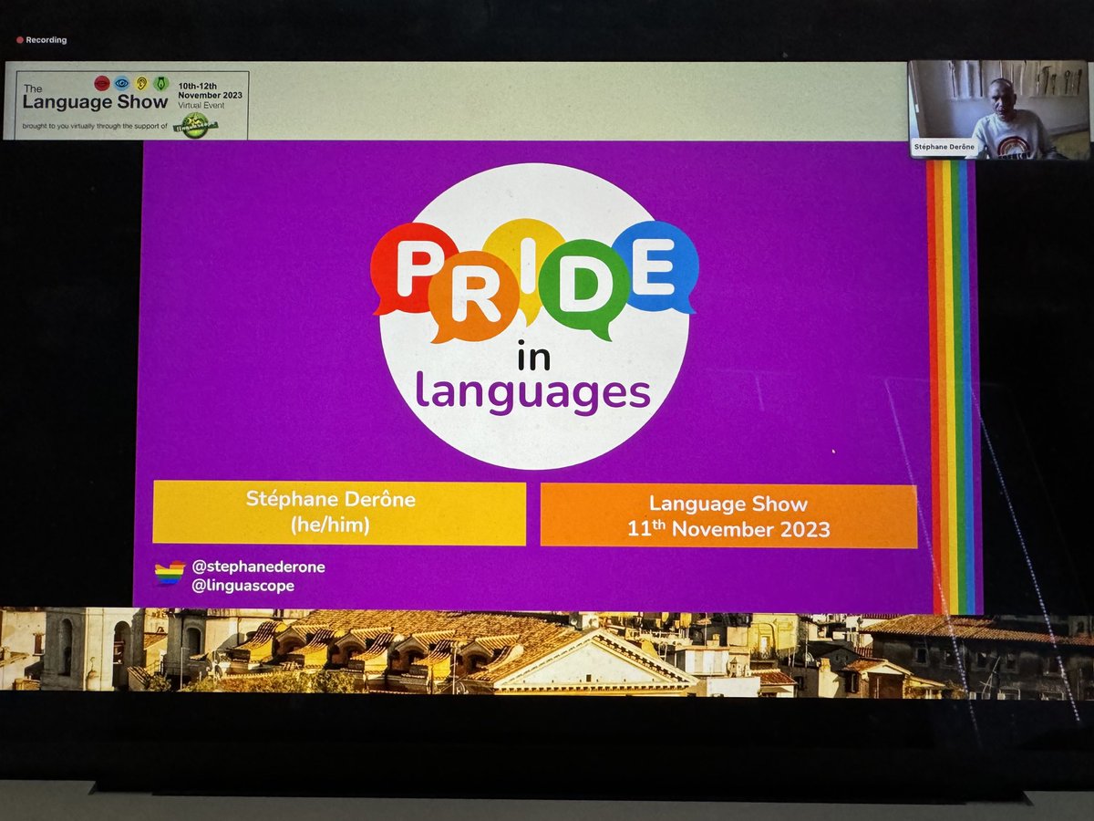 CristaHazell's tweet image. ⁦@linguascope⁩ founder ⁦@StephaneDerone⁩ is live now ⁦@LanguageShow⁩ discussing #pride in languages for language teachers in schools #mfltwitterati #all4language #lgbtq+ #mflchat #langchat