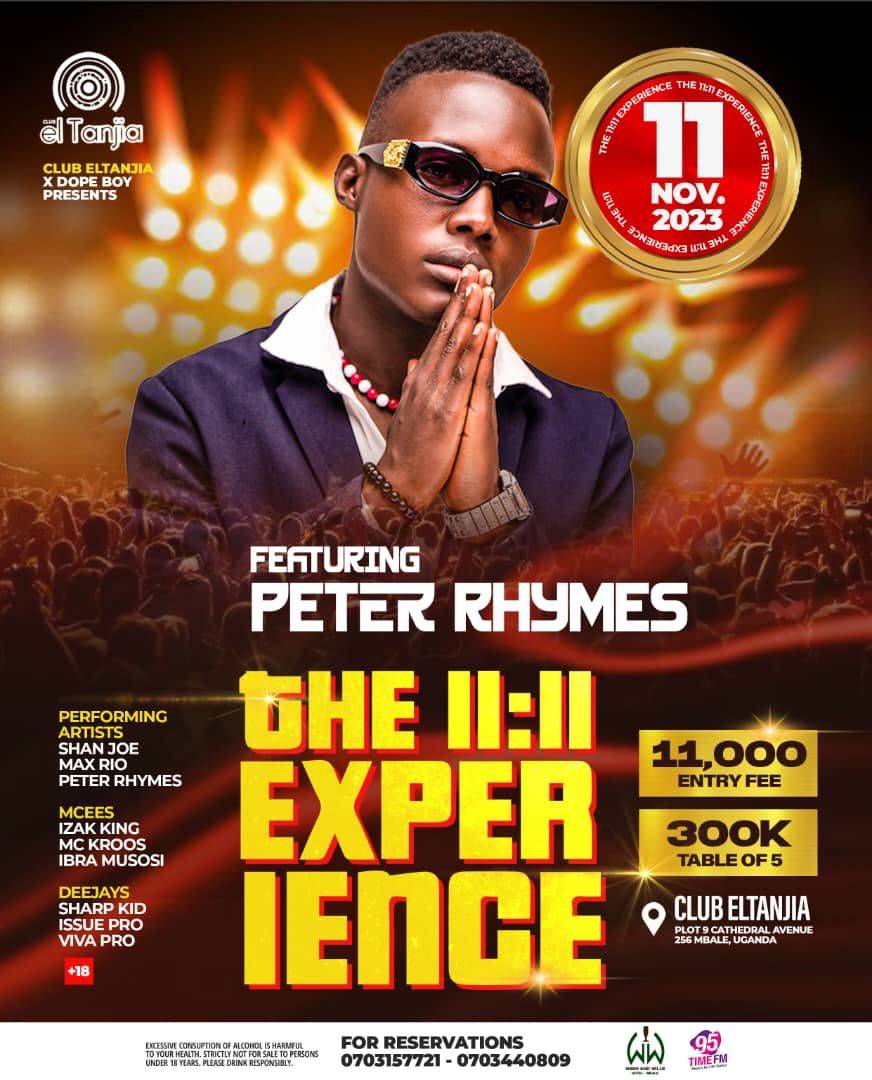 Its happening today
"11:11 Experience" at Club el Tanjia
 <a href="/DOPE_BOY_UG/">Dope Boy Official 11:11</a> x <a href="/RickmanManrick/">Rickman Manrick</a>
Join us for a night filled with exceptional performances.