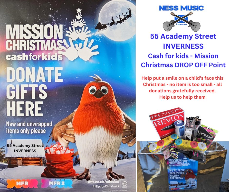 NESS MUSIC - Inverness are proud to be assisting Cash for Kids <a href="/cashforkidsNS/">Cash for Kids North Scotland</a>  again this Christmas by being a 'Drop Off Point' 
Help put a smile on a child’s face this Christmas - no item is too small - all donations gratefully received.
Help us to help them! #Christmas