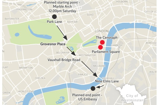 A reminder that the National March for Palestine will leave Hyde Park soon, travelling to Battersea & Nine Elms. Significant travel disruption & congestion is expected & Vauxhall Tube will close from 1.30pm. Consider your travel plans carefully & check TfL tfl.gov.uk