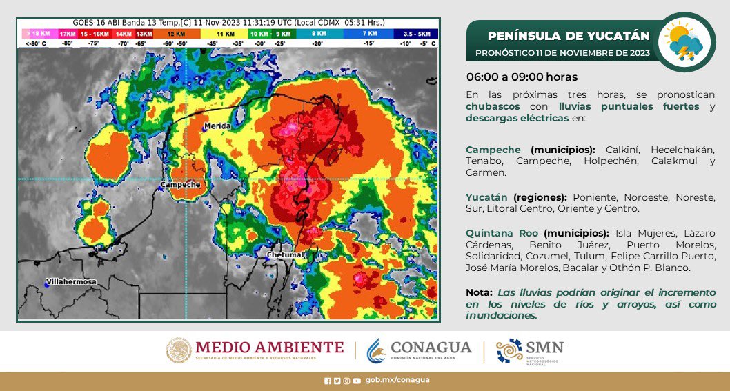 MaraLezama's tweet photo. Quintanarroenses, en las próximas horas, se esperan fuertes lluvias con posibles descargas eléctricas en #QuintanaRoo ⛈️. ¡Tomemos precauciones! 

@conagua_clima @ProtCivil_QRoo https://t.co/Nr1A7TNt68