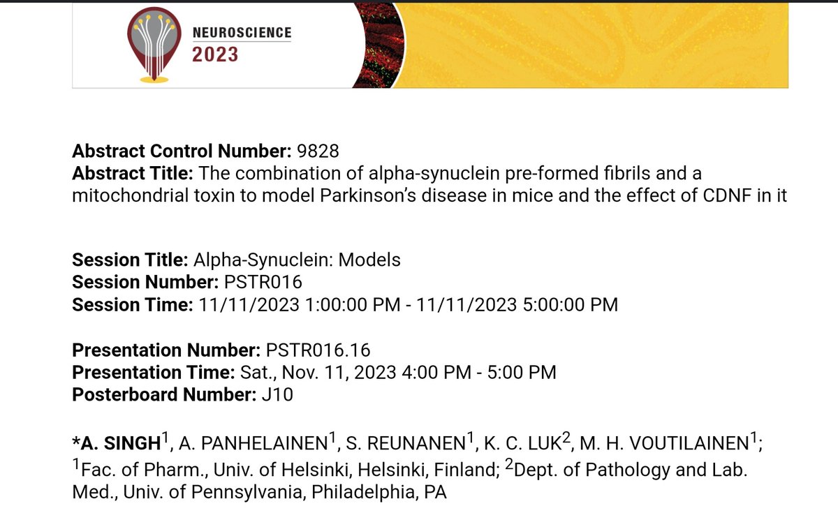 asingh2310's tweet photo. ‼️Novel mouse model of #PD

Presenting some freshly brewed data on..
"Combination of alpha-synuclein PFFs and 6-OHDA to develop a mouse model of #Parkinsons disease"

When: 11th Nov, 1 pm - 5pm

Board: J10

If you don't find me around, dm me!

@SfNtweets #SfN23 https://t.co/gNKFmovEV6
