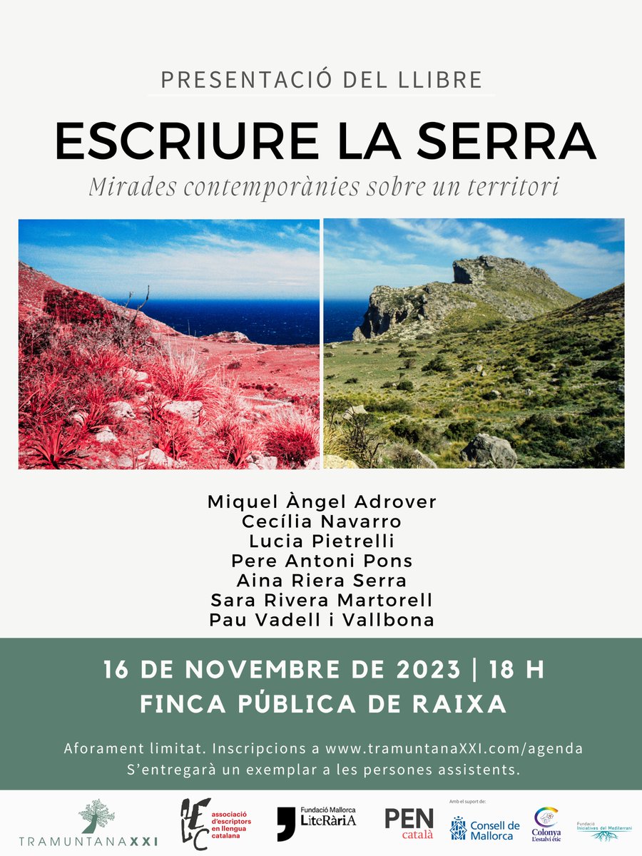 Dijous 16/11 a les 18h a Raixa, <a href="/mcaliteraria/">Mallorca Literària</a>  col·labora a la presentació del llibre "Escriure la serra" organitzat per <a href="/TramuntanaXXI/">Tramuntana XXI</a> amb <a href="/PonsPereAntoni/">Pere Antoni Pons</a> <a href="/locampaner/">Miquel Àngel Adrover</a> <a href="/cecilianafra/">cecília navarro</a> <a href="/PauVadell/">Pau Vadell</a> <a href="/LuPietrelli/">LuPietrelli</a> @aina_riera_23 i Sara Rivera.
Us podeu inscriure👉 tramuntanaxxi.com/agenda
