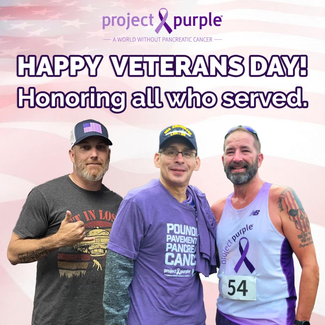 Run4Purple's tweet photo. Happy Veterans Day and thank you to all who served. We'd like to send some added recognition to veterans battling pancreatic cancer like Tommy Olivarez, Mike Skaggs, and Lebron Manning as well as many others. We appreciate all veterans and thank you for all of your sacrifices. https://t.co/99PTyZDAfv