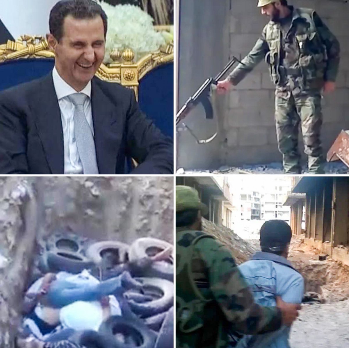 وإن نسيتم.. فنحن لن ننسى
أنه قاتل الأطفال، مغتصب النساء، منفّذ المجازر ومهجّر الملايين.. 
لم يفرّق بين سوري وفلسطيني، وكما نفّذ مجازر ضد السوريين؛ كان هناك مجزرة التضامن ضد أبناء الجالية الفلسطينية وغيرها.

وإن صالحتموه، فنحن لن نصالح، ولن ننسى .. ودائماً .. بشار الأسد مجرم حرب.