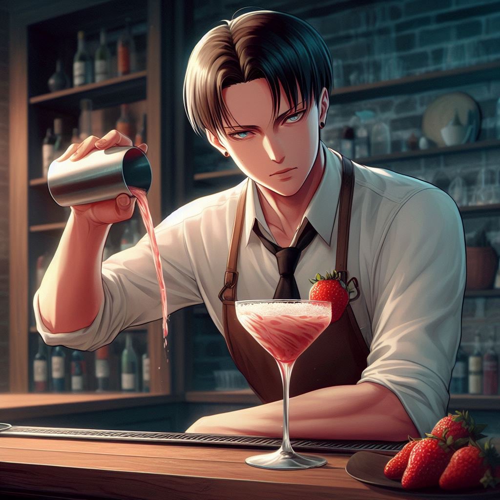 Bartender Levi making me my favourite cocktail strawberry daiquiri! 😍🥰🤩🤭😌😉🍹❤️ #leviackerman #AIArtwork #bingimagecreater
