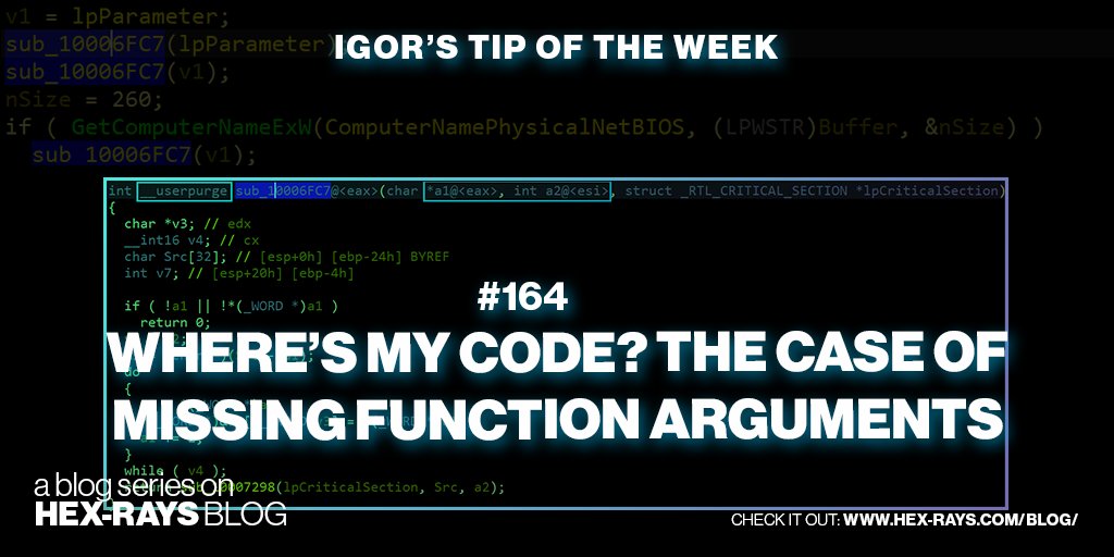 HexRaysSA's tweet image. Another reason for getting a shorter pseudocode than disassembly could be a missing function argument. Check how to handle this 🌐 hex-rays.com/blog/igors-tip…

#IgorsTipOfTheWeek #IDAtips #IDAPro #decompiler