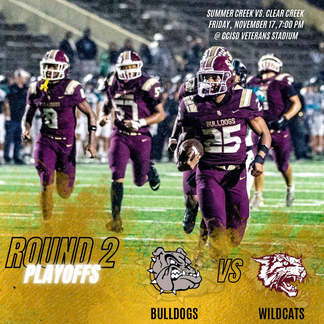Playoffs Round 2! 

Summer Creek vs. Clear Creek Friday,  November 17, 7:00 pm at CCISD Veterans Stadium. <a href="/SC_BulldogFB/">Summer Creek Football</a>
