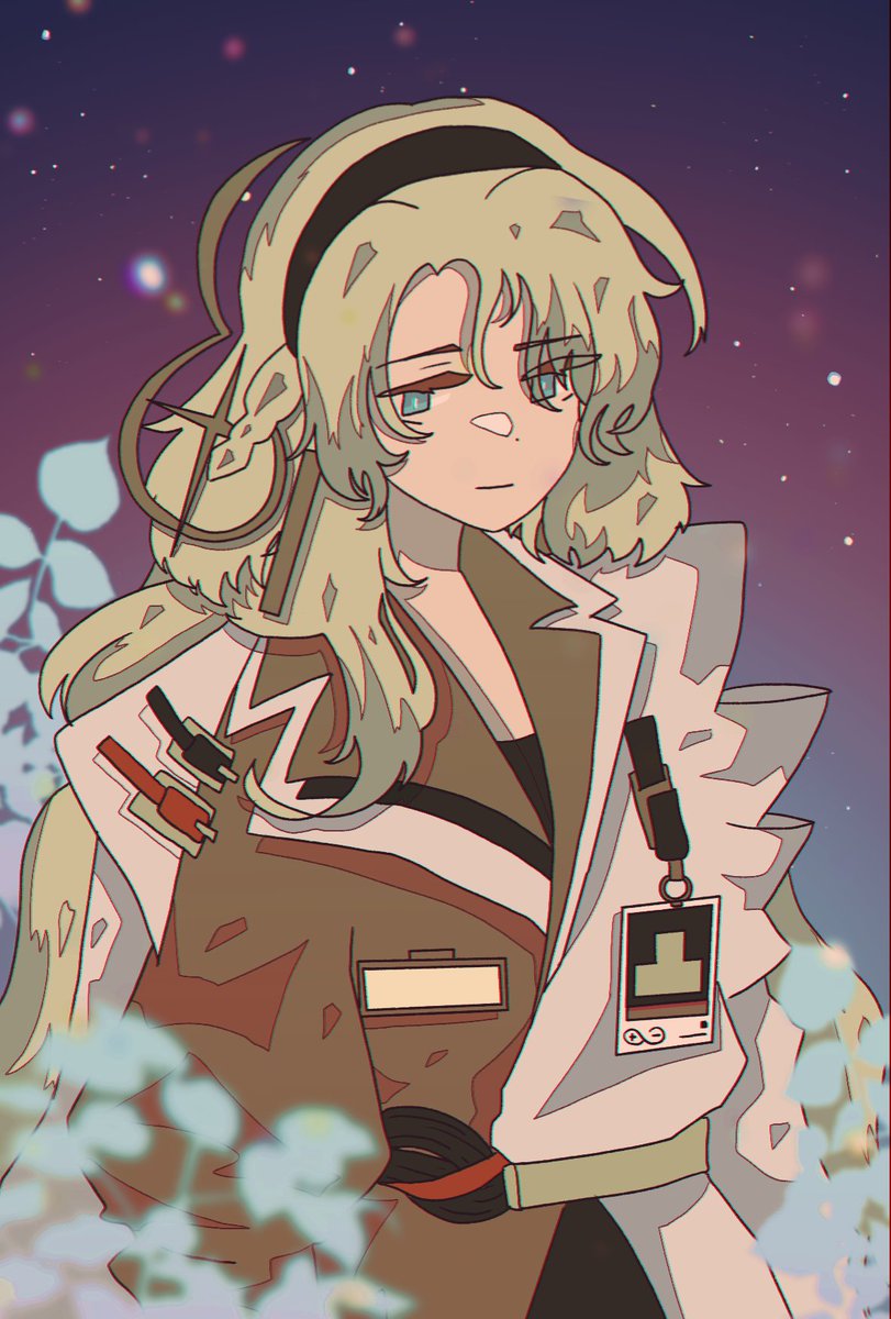 Kristen, as she appears in the Arknights event 'Lone Trail'. She is staring directly at the camera. Surrounding her are plants. The starry sky sits behind her.