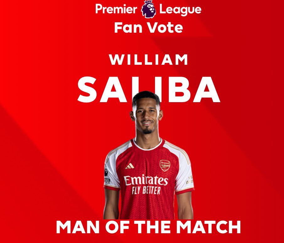 Arsenal Buzz on X: "📸| William Saliba has been voted #ARSBUR Man of the  Match! [@premierleague FanVote] #afc https://t.co/kxFGb1nZVI" / X