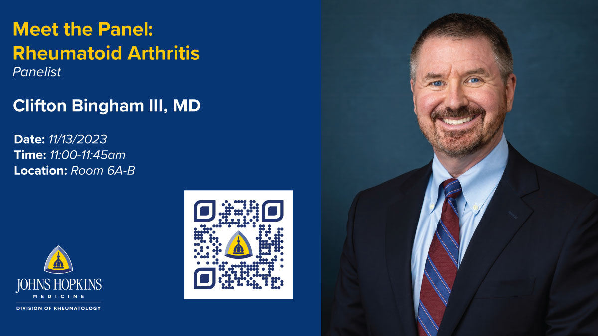 Dr. Clifton Bingham, Director of Arthritis Center @HopkinsMedicine, joins a panel of other experts today at #ACR23 to discuss the use of glucocorticoids in rheumatoid arthritis!