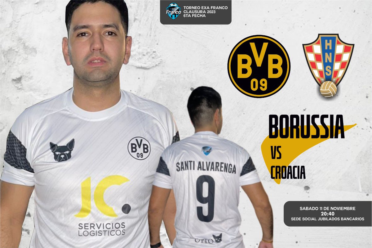 DE PIE SEÑORES!
HOY JUEGA BORUSSIA09
.
.
Con estreno de camiseta el equipo de Borussia se enfrenta al equipo de Croacia por la 6ta fecha del <a href="/exafranco/">Torneo Exa Franco</a>
.
.
#VamosBorussia