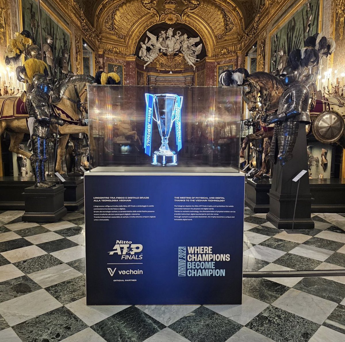 Last night, under the Palazzo Reale's fresco paintings, we unveiled the #NittoATPFinals 2023 Trophy exclusive hologram, powered by #vechain. Merging the physical and digital worlds, it symbolizes the connection between heritage and innovation. 
 
With vechain's technology, the