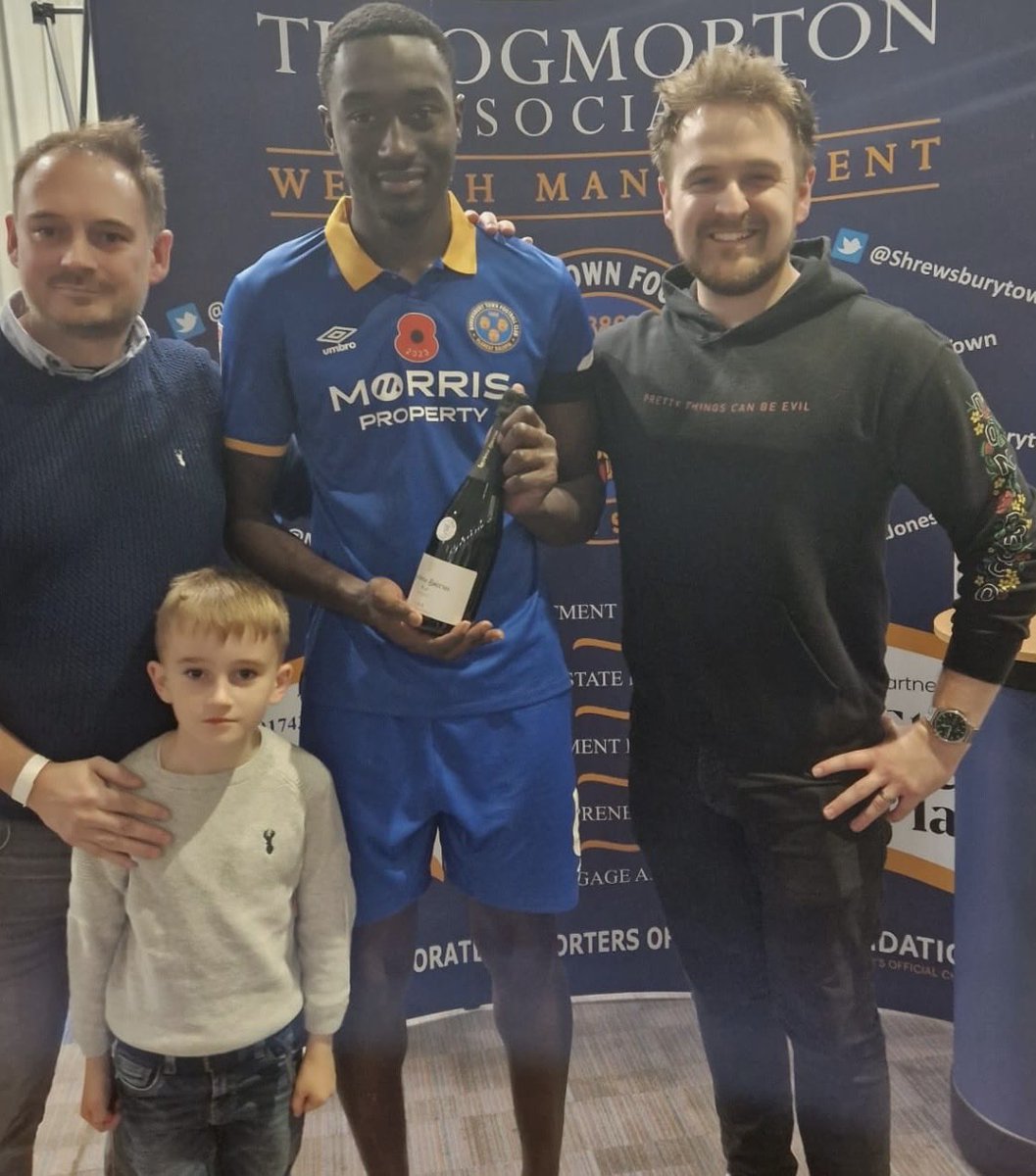 Today’s ⁦@NickJonesWealth⁩ Planning man of the match is match winner Jason Sraha, with guests from our match ball sponsors Funding Space presenting the champagne What a time to get your first goal Jason, and what a 3 points for ⁦@shrewsburytown⁩ ! #Salop