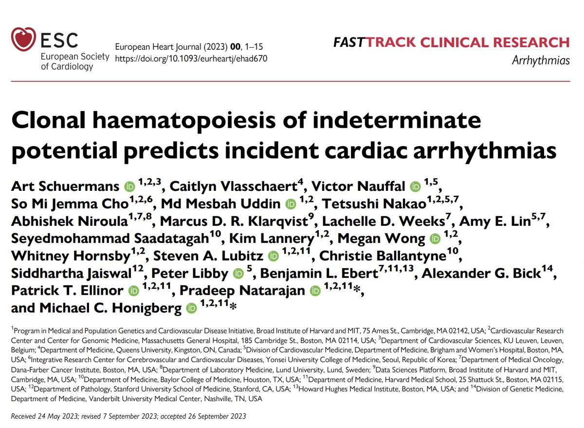 Sim pub w/ #AHA23 @AHAScience from @artschuermans now in @ESCJournals @ehj_ed #EHJ

Does clonal hematopoiesis of indeterminate potential #CHIP predispose to cardiac 🫀arrhythmias ⚡️?

academic.oup.com/eurheartj/adva…

👇

(1/8)