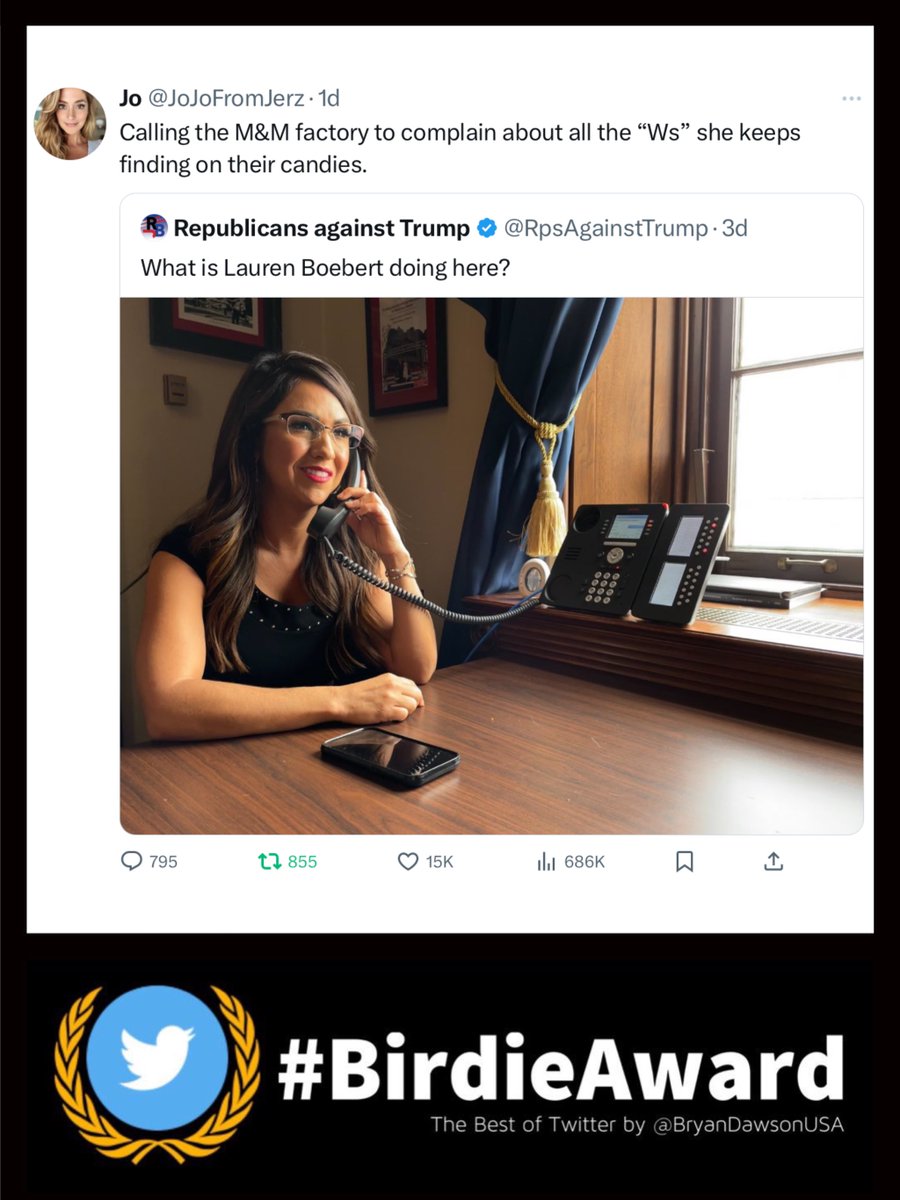 BirdieAwards's tweet photo. If you’re not following @JoJoFromJerz, you’re missing out. Congrats on her first #BirdieAward for this hilarious tweet on #Bobo.

#BirdieAwards @BryanDawsonUSA @RepBoebert @laurenboebert https://t.co/oqO2cetuaR