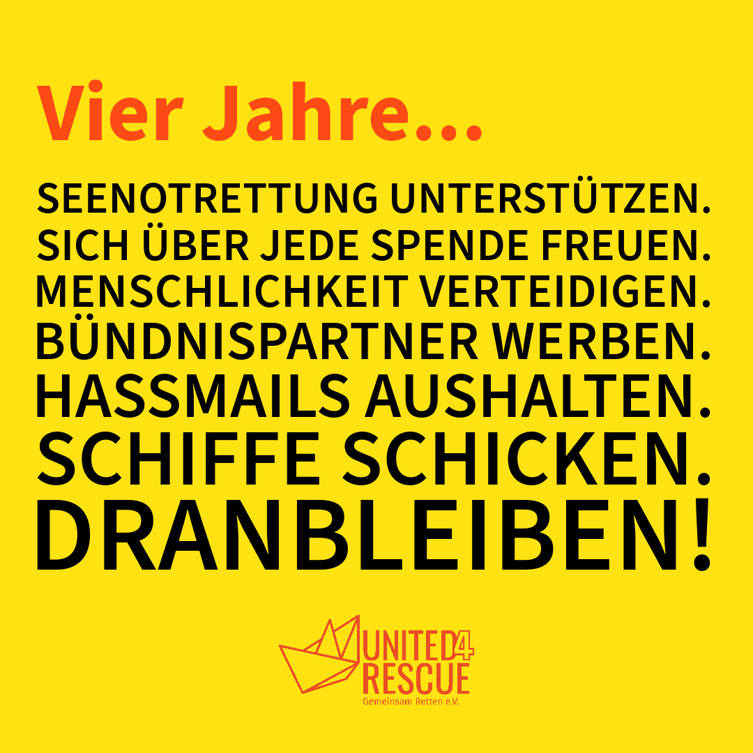 United4Rescue's tweet photo. 🎉Happy birthday! Vor 4 Jahren gründeten wir United4Rescue. Wir schickten ein Rettungsschiff in den Einsatz. Dann ein zweites, und noch ein drittes Bündnisschiff! ⛴️United4Rescue hat die Rettung tausender Menschenleben aus Seenot ermöglicht. https://t.co/mWVnJCto5o
