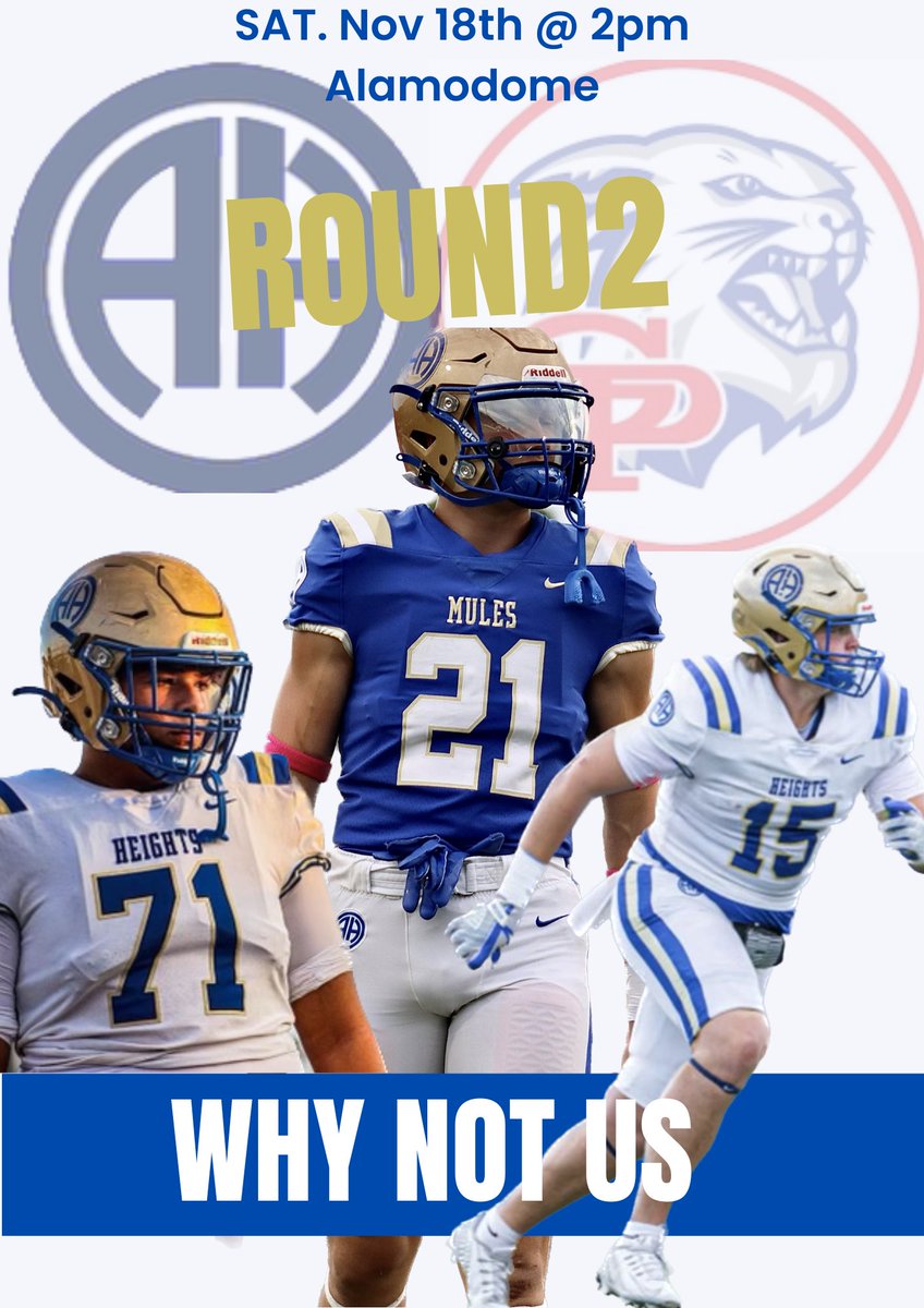 Round 2️⃣
Alamo Heights vs Gregory Portland
🗓️ Nov 18th, 2023
🏟️ Alamodome 
⏰ 2pm
#WhyNotUs 🐴 🆙