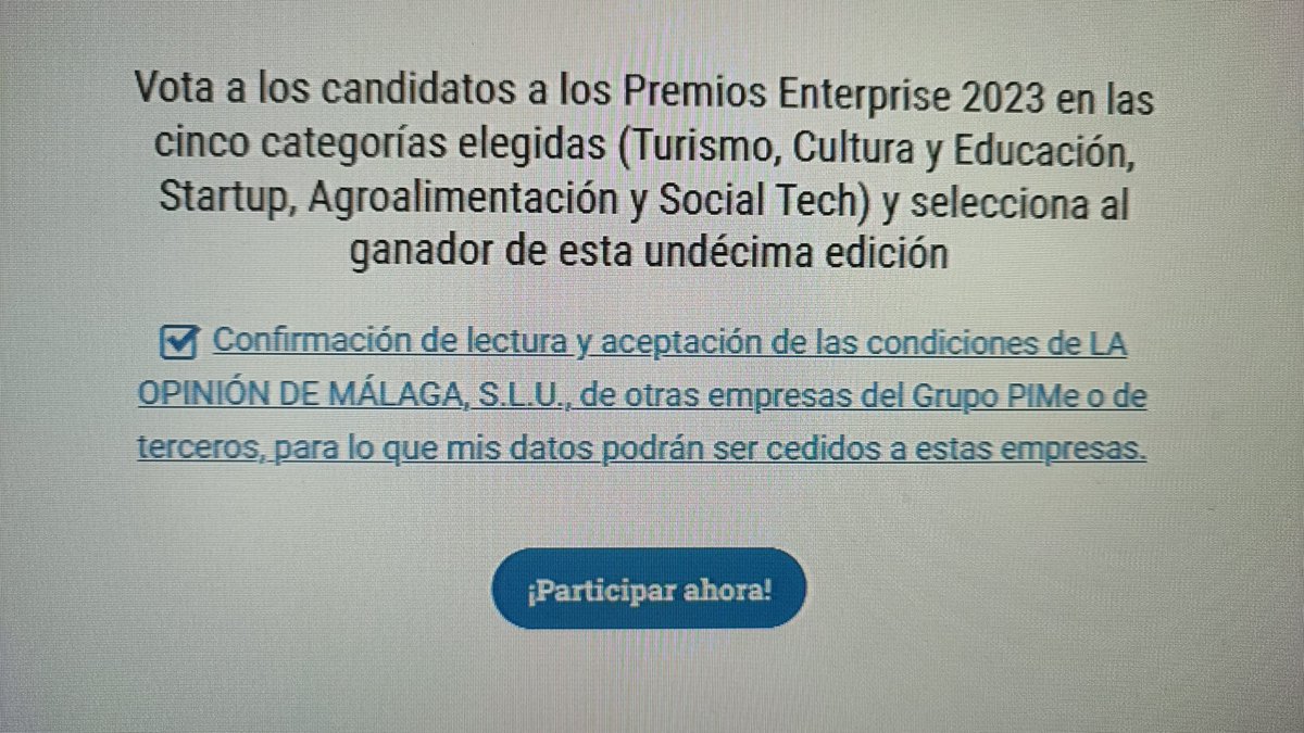 Hay q darle abajo a confirmar y luego participar ahora y ahí empiezas a votar. Elegir una empresa de cada categoría (OK LOCATED) bajando con la línea gris del lateral derecho verás las demás categorías  y al final te pide tu nombre y correo para q no se dupliquen los votos.