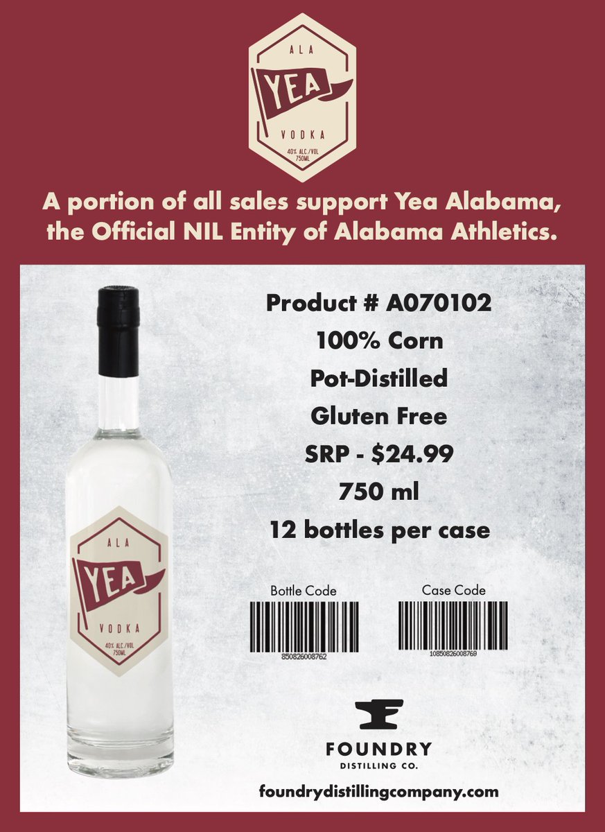 Hey Tide fans, we made Yea Alabama Vodka in collaboration with <a href="/yea_ala/">Yea Alabama</a>  and pledged to donate a portion of our revenue to them to support student athletes.

The only way it is going to work if you drink it!  Pls pick up a bottle and Roll Tide! <a href="/AlabamaFTBL/">Alabama Football</a> <a href="/UofAlabama/">The University of Alabama</a>