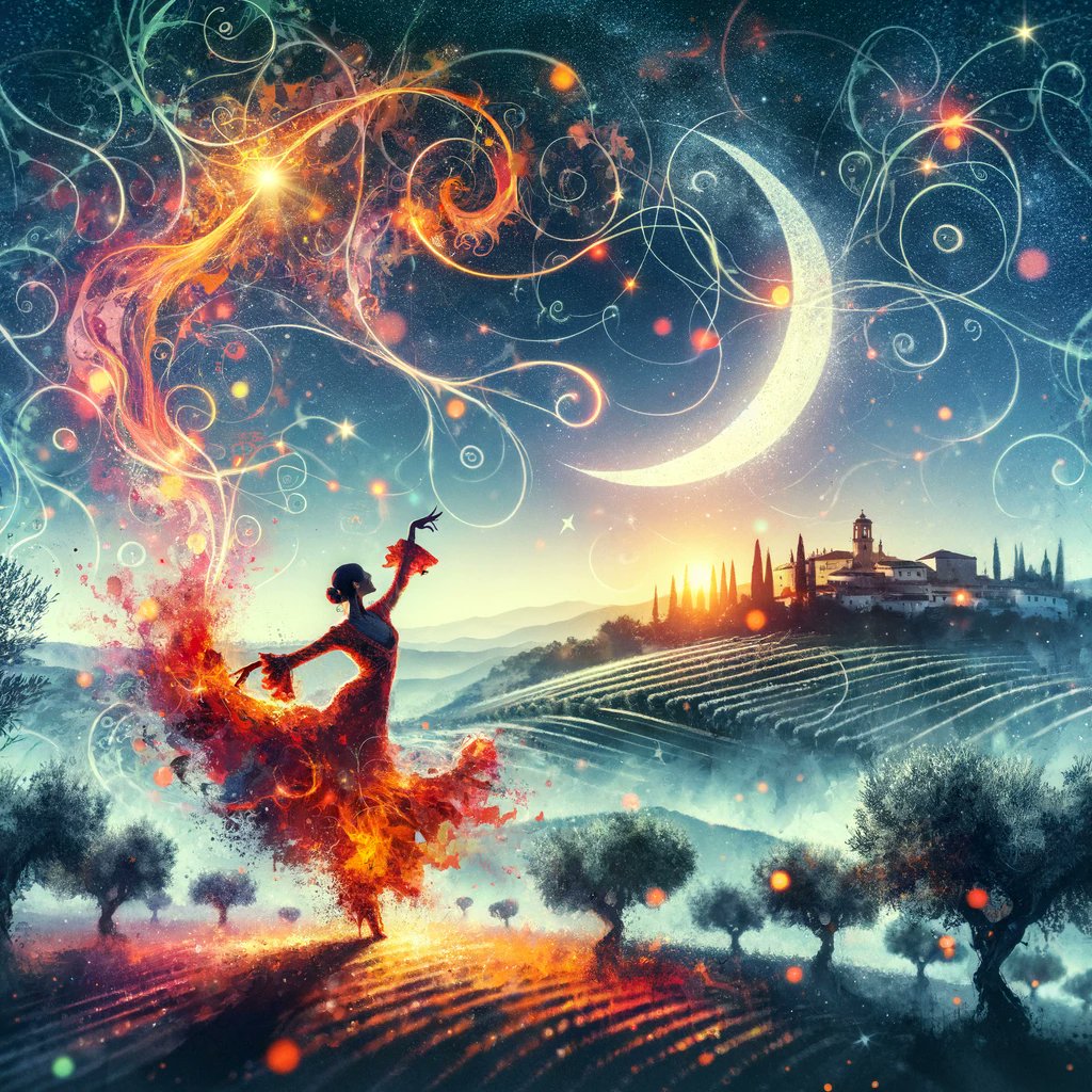 Месяц над палямі, 
Фламенкаў агонь танцуе. 
Зоркі віньеты
(c) GTP4