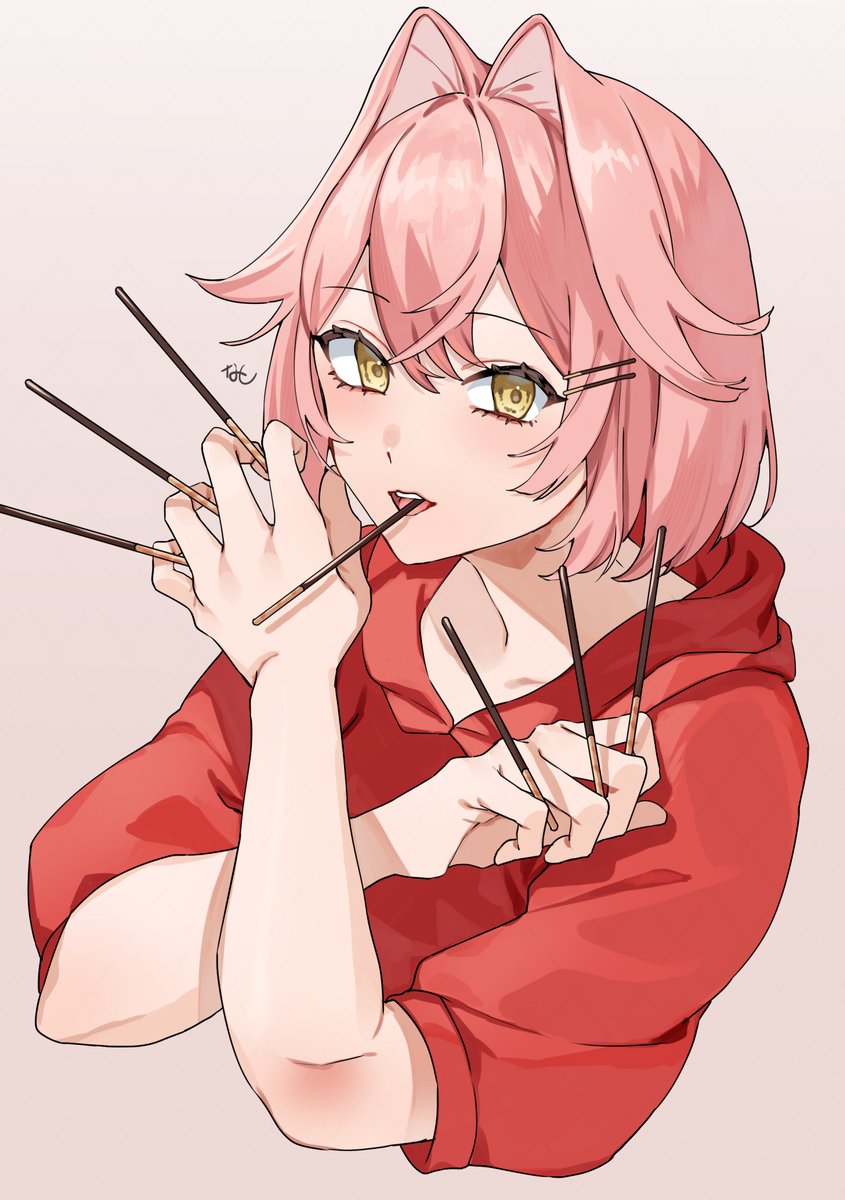 1girl solo pink hair pocky food yellow eyes hood  illustration images