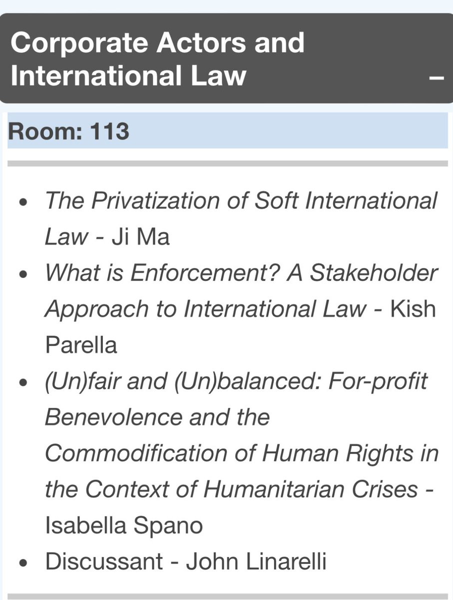 1/ Are you in #Pittsburgh for @asilorg #ASILMYM? 

Come join this fabulous panel at 4:15 pm today exploring the relationship between #corporations & #InternationalLaw. 

We know it’s late in the day but our session is right before 🍷 🍸 hour! 

@JohnLinarelli