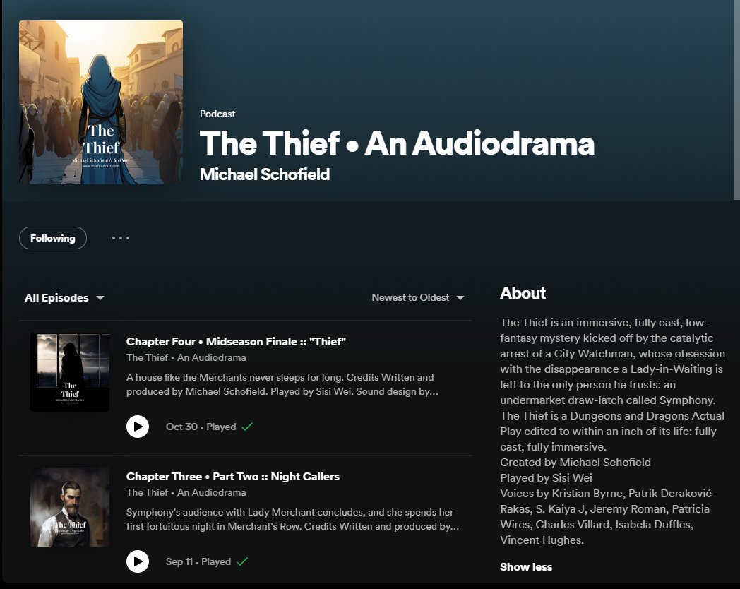 schoeyfield's tweet photo. The Thief is a Dungeons and Dragons Actual Play edited to within an inch of its life: fully cast, fully immersive.

I'd love your help finding its audience. 

If you like #ImpactWinter or #DarkDice, you'll dig The Thief. 

#selfpromosaturday https://t.co/VXg3A1plQU
