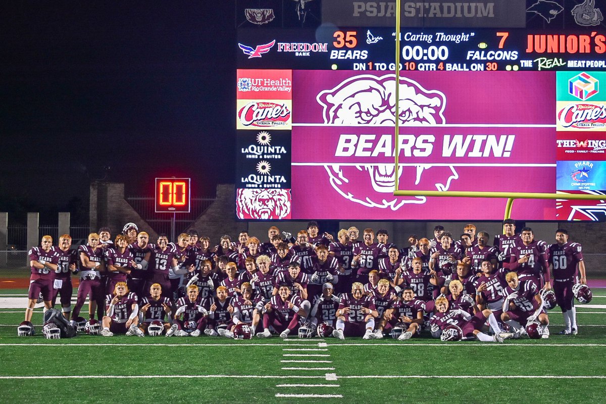 hillypat's tweet photo. PSJA Bears are Bi-district Champs after beating LF Falcons 35-7!
Congratulations to all Athletes, Coaches, Trainers, and Staff!
Go  Bears!!!
@PsjaFootball @PSJAISD @PSJAECHS @PSJAAthletics @version2media https://t.co/nPltNLbW8Q