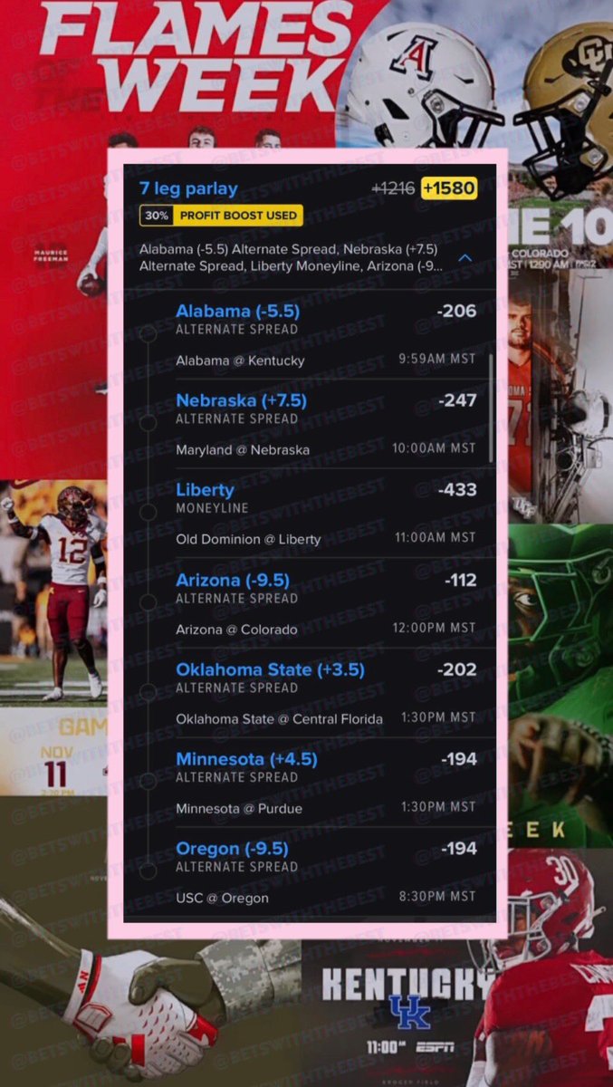 BetsWithTheBest's tweet photo. 🏈NCAAF PARLAY 11/11/23🏈
DM 📲 FOR PREMIUM PICKS🔒
PICK FAVORITES OR RIDE EM ALL!
#GamblingTwitter #GamblingX #sportsbetting #NCAAFootball #sportsbettingtwitter #ncaafpicks #ncaafbets #sportsbettingpicks #CollegeFootball #CollegeFootballPicks
#NCAAF #Betswiththebest https://t.co/1OlQYXUk2o